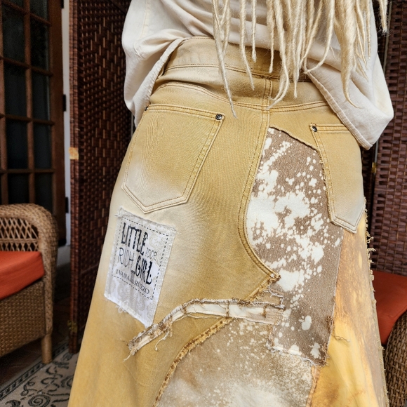 Upcycled Couture concept Designer Maxi Skirt Mustard Denim ShabbyChic - Picture 14 of 16